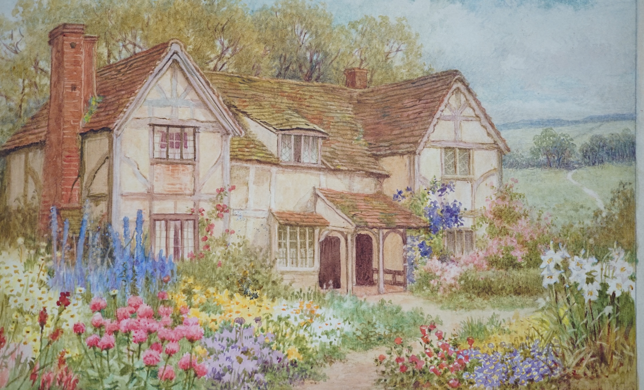 William Affleck (aka, William Carruthers, 1868-1943), four watercolours on card, ‘Springtime at Cropthorne, Worcestershire’, ‘Surrey cottage at Witley’, ‘Cottage at Welford-on-Avon, Warwickshire’ and ‘Stonewall Farm, Cha